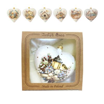 Игрушка елочная стекл. сердце декупаж  "Птицы" 12см [DQ11]