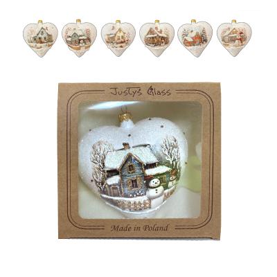 Игрушка елочная стекл. сердце декупаж "Домики" 12см [DQ10]