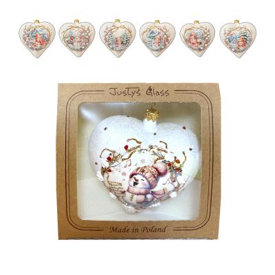 Игрушка елочная стекл. сердце декупаж "Снеговики" 12см [DQ8]