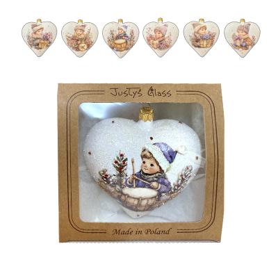 Игрушка елочная стекл. сердце декупаж "Дети" 12см [DQ12]