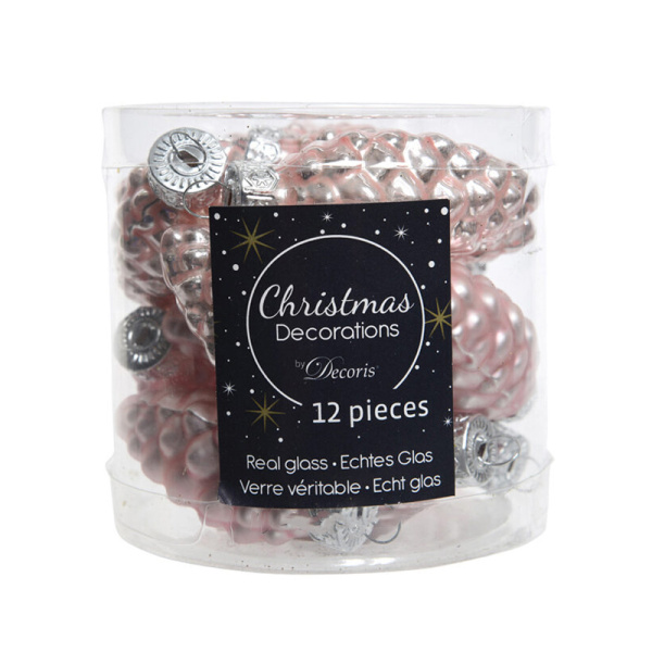 Набор стекл. елочных игрушек "Шишки" 6 см розовый бутон mix, 12 шт