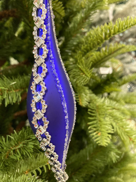 Сосулька стеклянная синяя со стразами