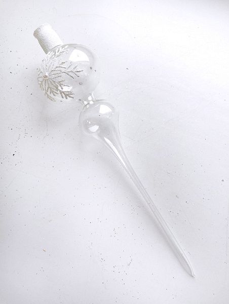 Стеклянная верхушка "Прозрачная с белой снежинкой" Верхушка стеклянная на елку, декорированная "Прозрачная с белой снежинкой"