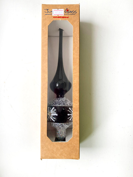 Верхушка стеклянная на елку, декорированная "Чёрная с белым снежком"