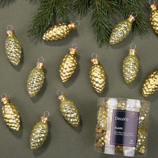 Набор стекл. елочных игрушек "Шишки" 6 см нежно-оливковый mix, 12 шт