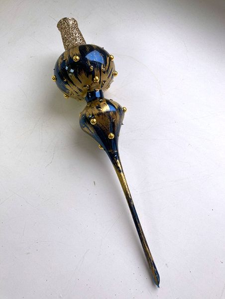 Стеклянная верхушка "Синяя с золотыми разводами и бусинами" Верхушка стеклянная на елку, декорированная "Синяя с золотыми разводами и бусинами"