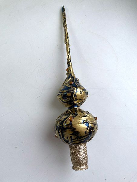 Стеклянная верхушка "Синяя с золотым узором и камнями" Верхушка стеклянная на елку, декорированная "Синяя с золотым узором и камни"