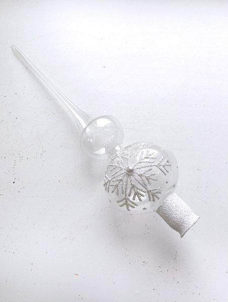 Стеклянная верхушка "Прозрачная с белой снежинкой" Верхушка стеклянная на елку, декорированная "Прозрачная с белой снежинкой"