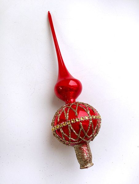 Стеклянная верхушка "Красная с геометрическим узором из блёсток" Верхушка стеклянная на елку, декорированная "Красная с геометрическим узором из блёсток"