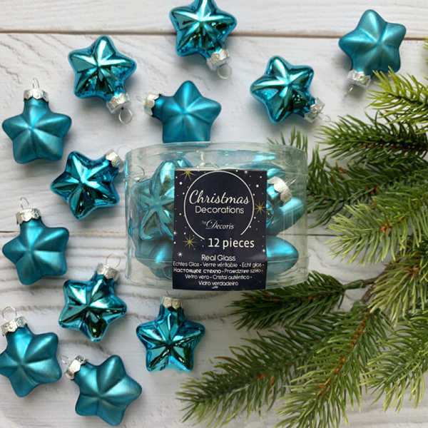 Набор стекл. елочных игрушек "Звезды" 4.5 см бирюзовый mix, 12 шт