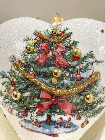 Игрушка елочная стекл. "Сердце" декупаж 12см [DQ12]